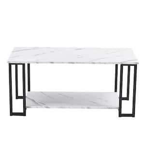 White Rectangle Metal Outdoor Coffee Table with 2-Layers 1.5 cm Thick Marble MDF 39.37 in. L Tabletop and Black Leg