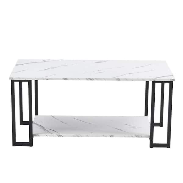 Sudzendf White Rectangle Metal Outdoor Coffee Table with 2-Layers 1.5 cm Thick Marble MDF 39.37 in. L Tabletop and Black Leg
