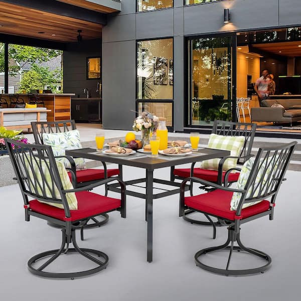 Black 5-Piece Metal Square Outdoor Dining Set with Red Cushions and 1.57 in. Umbrella Hole, Swivel Design