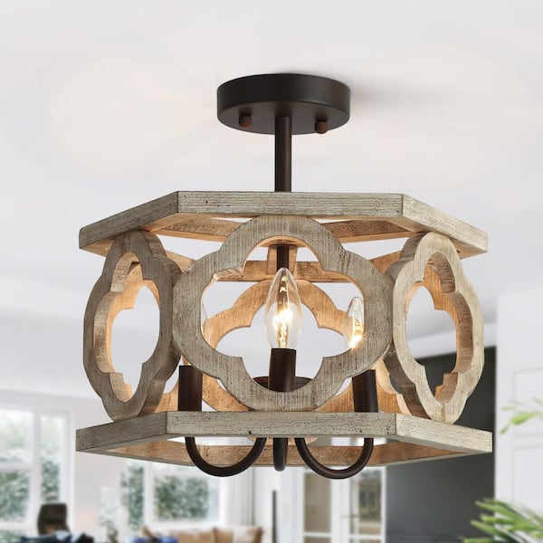 Farmhouse Antique Wood Drum Semi-Flush Mount 3-Light Rustic Kitchen Island Ceiling Lamp with Rusty Bronze Candle Holders