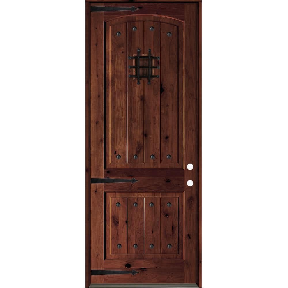Mediterranean 36 in. x 96 in. Knotty Alder Left-Hand/Inswing Arch Top BEHR Red Mahogany Stain Wood Prehung Front Door price history on PriceWatchPro