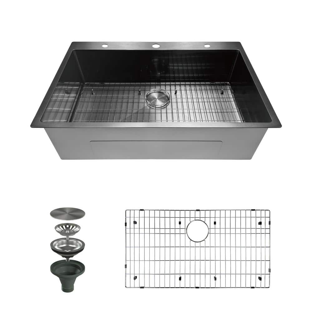 33" Gunmetal Black Stainless Steel Single Bowl Drop-In Kitchen Sink