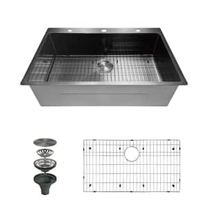 33 in. Drop-in Single Bowl 16-Gauge Gunmetal Black Stainless Steel R10 Round Corner Kitchen Sink with Accessories