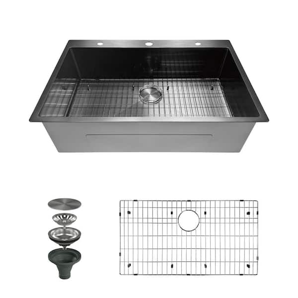 33 in. Drop-in Single Bowl 16-Gauge Gunmetal Black Stainless Steel R10 Round Corner Kitchen Sink with Accessories