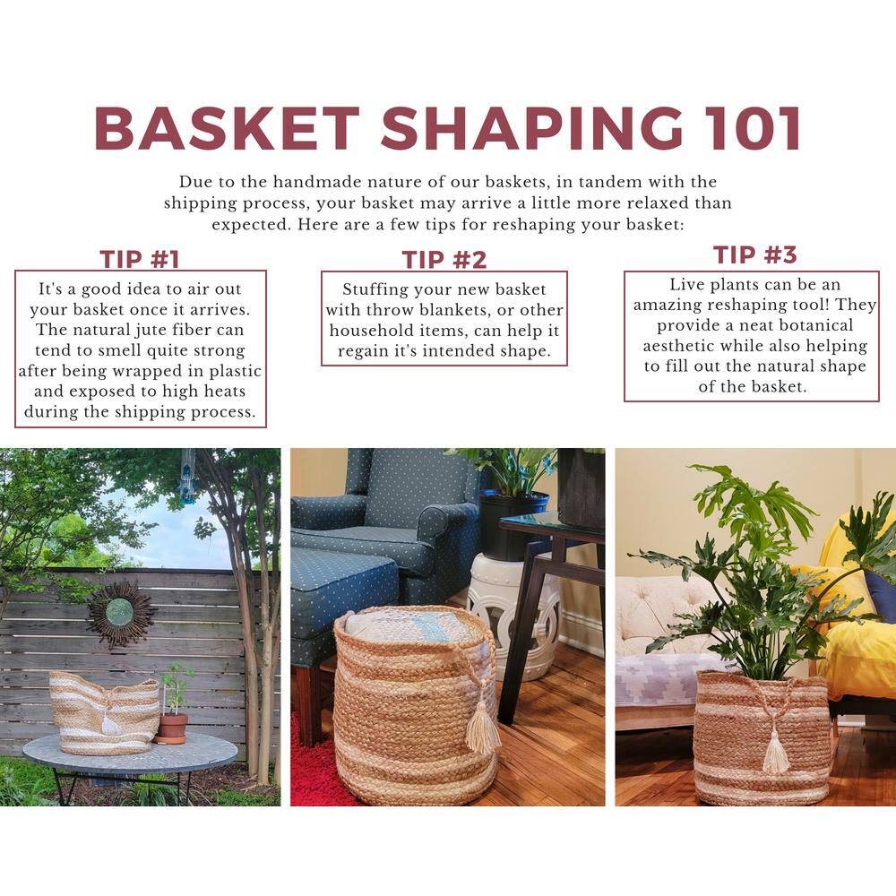 Handwoven Round Tan and Red Jute Storage Basket with Handles