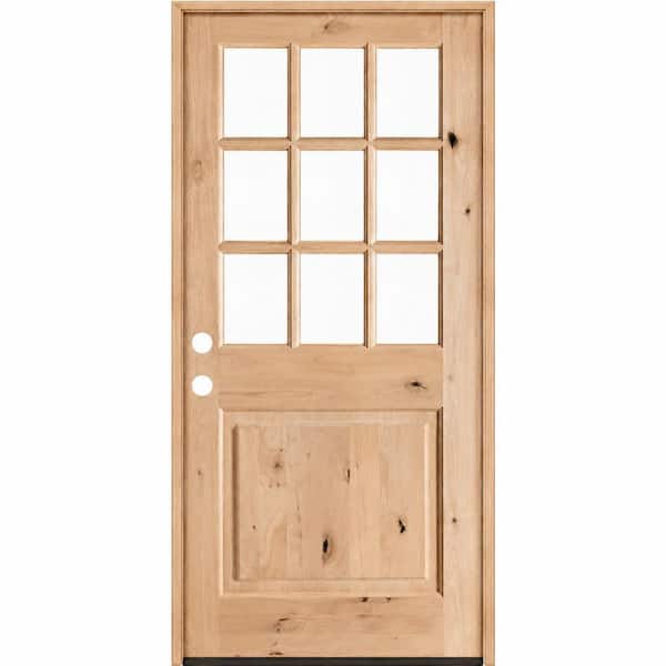 Farmhouse 36 in. x 80 in. Knotty Alder Right-Hand/Inswing 9-Lite Beveled Clear Glass Unfinished Wood Prehung Front Door