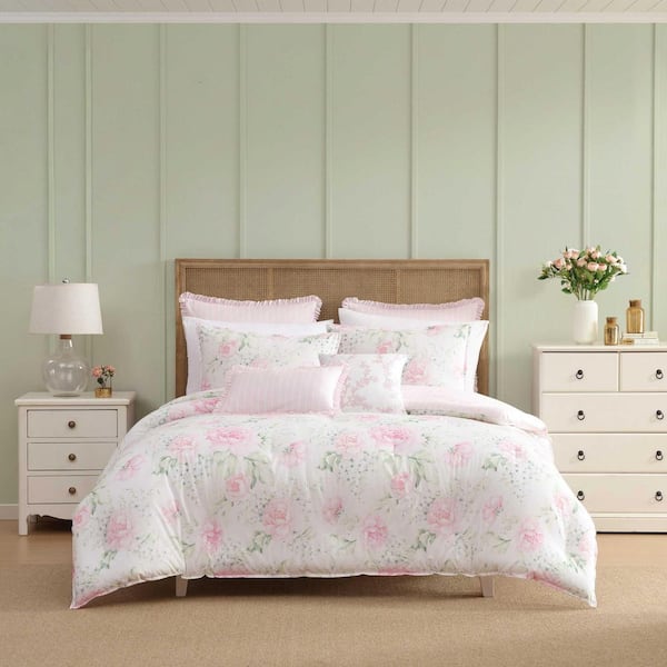 Serenity Roses Reversible 7-Piece Light Pink Cotton Full/Queen Comforter Set