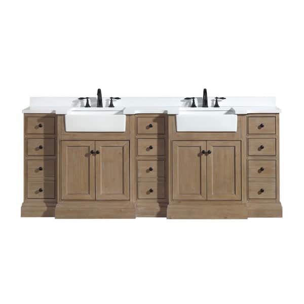 Ari Kitchen and Bath Kelly 84 in. W x 20.5 in. D x 34.5 in. H Bath Vanity in Weathered Fir with White Engineered Quartz Top with White Basin