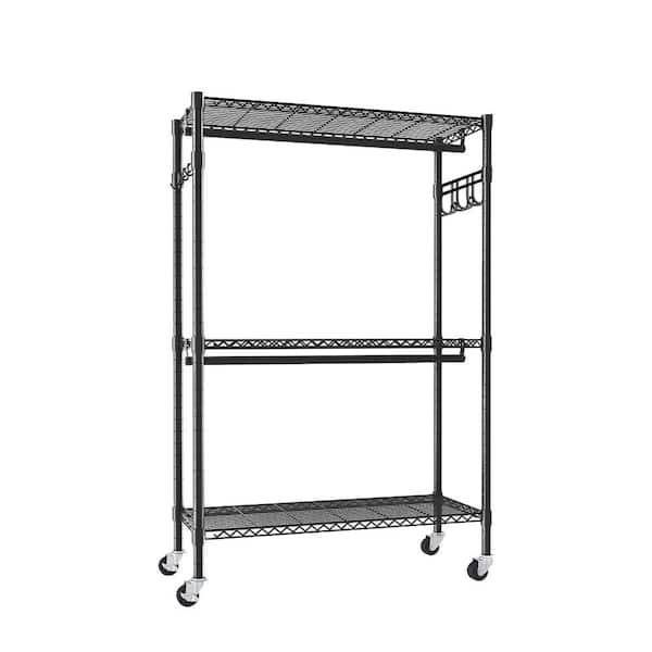 Black Heavy Duty Steel Rolling Clothes Rack with 3-Tier Adjustable Shelves, 2 Hanging Rods & Side Hooks