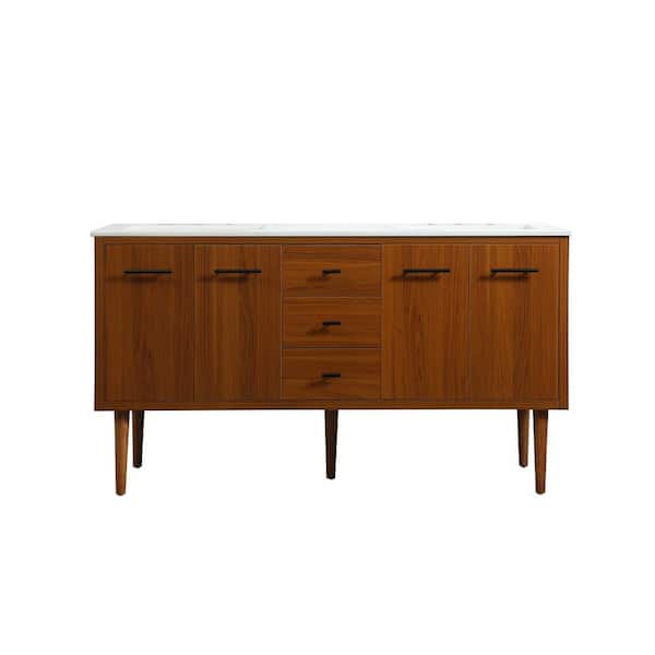 Unbranded Simply Living 60 in. W x 22 in. D x 33.5 in. H Bath Vanity in Teak with Ivory White Engineered Marble Top