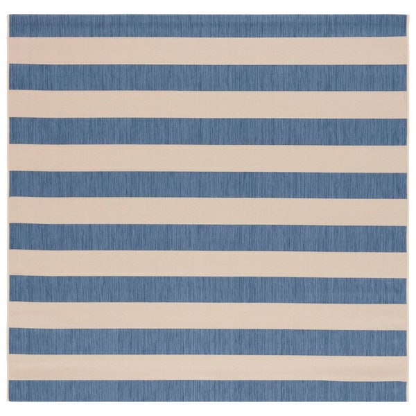 Courtyard Beige/Blue 7 ft. x 7 ft. Awning Stripe Indoor/Outdoor Square Area Rug