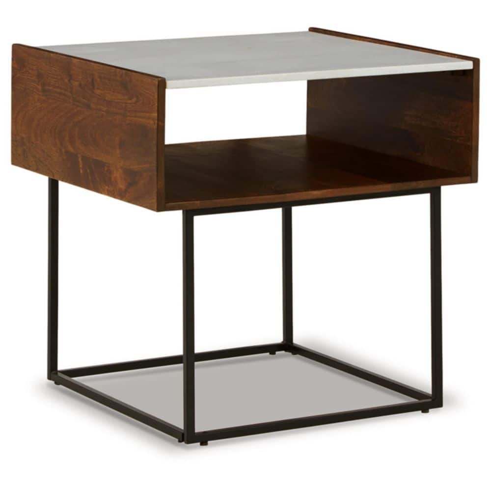 Contemporary Rusitori 25" Mango Wood & Marble End Table with Shelf