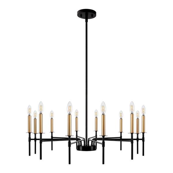 12-Light Black and Gold Modern Farmhouse Chandelier, Large Candle-Style Hanging Ceiling Light for Dining Room Over Table