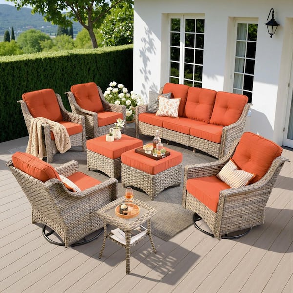 XIZZI BlissHaven 8 Pieces Wicker Patio Conversation Seating Sofa Set with Orange Red Cushions and Swivel Rocking Chairs