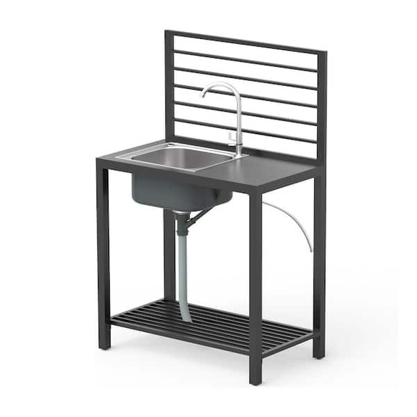 35.5 in. Stainless Steel 1-Compartment Commercial Kitchen Sink with Faucet, Adjustable Legs, Wall Hanging, Cover Fabric