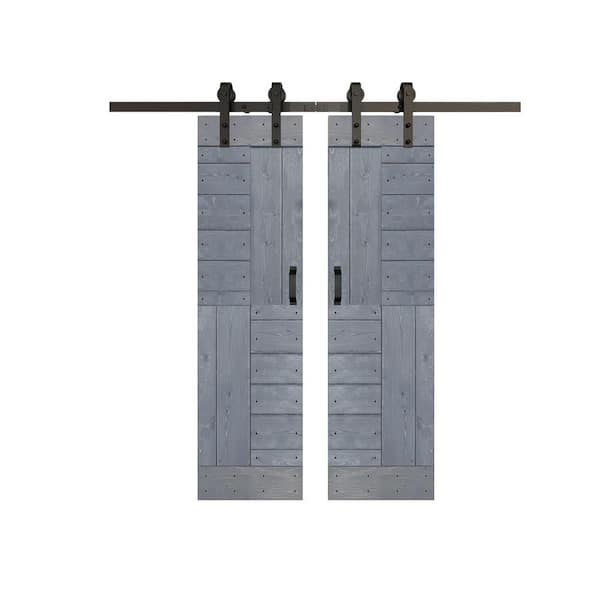 ISLIFE S Series 48 in. x 84 in. Dark Gray Finished DIY Solid Wood Double Sliding Barn Door with Hardware Kit