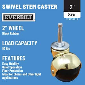 2 in. Black Rubber and Brass Hooded Ball Swivel Stem Caster with 80 lb. Load Rating (8-Pack)