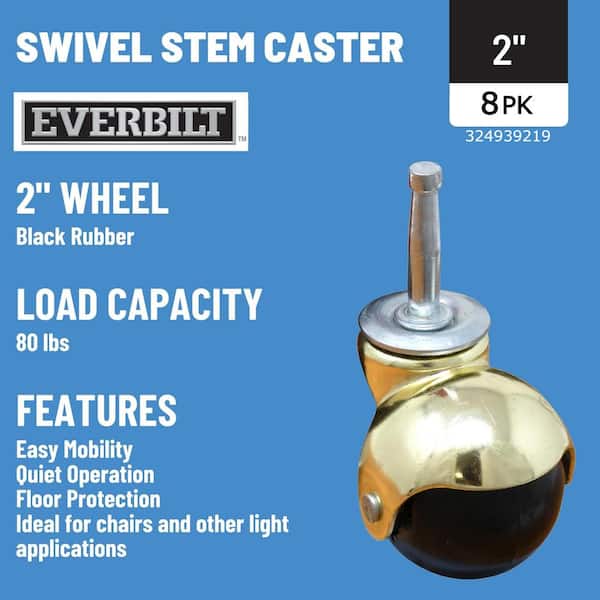 2 in. Black Rubber and Brass Hooded Ball Swivel Stem Casters with 80 lb. Load Rating 8 Pack