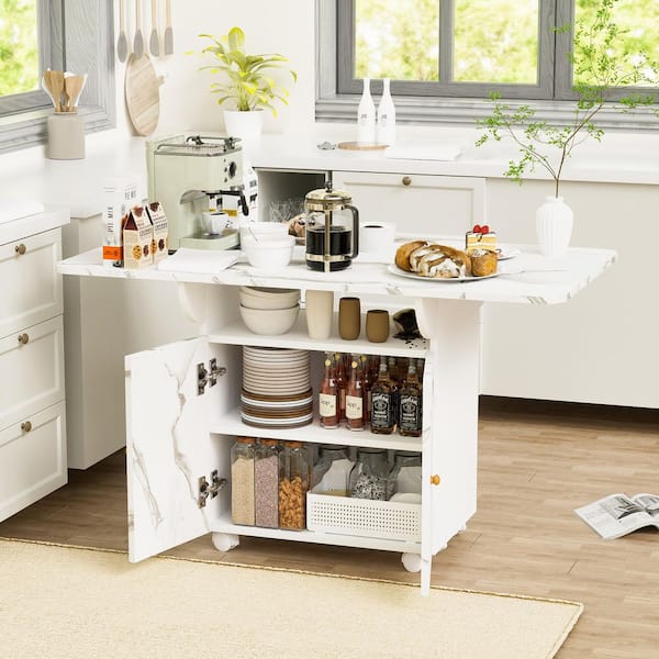 47 in. White Marble Wood Folding Dining Table with Storage Rack and Cabinet, Removable Entryway Table with 6 Wheels