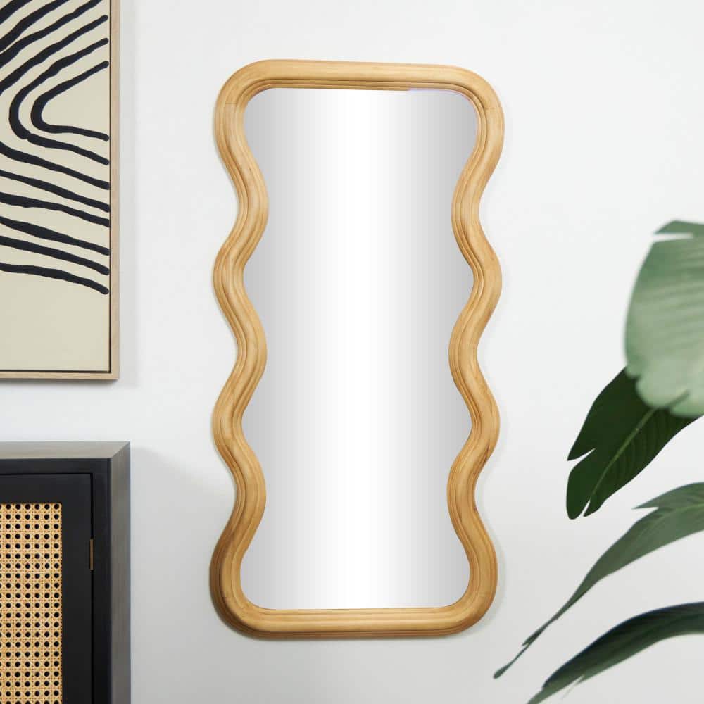 Wavy Poplar Wood Asymmetrical Wall Mirror in Natural Brown