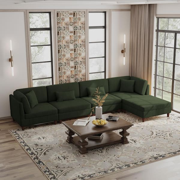 120.5 in. Straight Arm 5-Piece Corduroy Upholstered Modular Free Combination Sectional Sofa in. Green with Ottoman