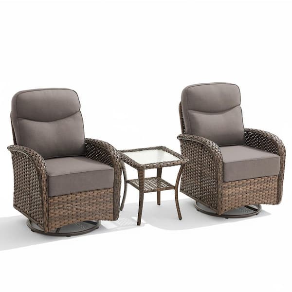 High Crescent 3-Piece Brown Wicker Patio Conversation Set with Gray Cushions