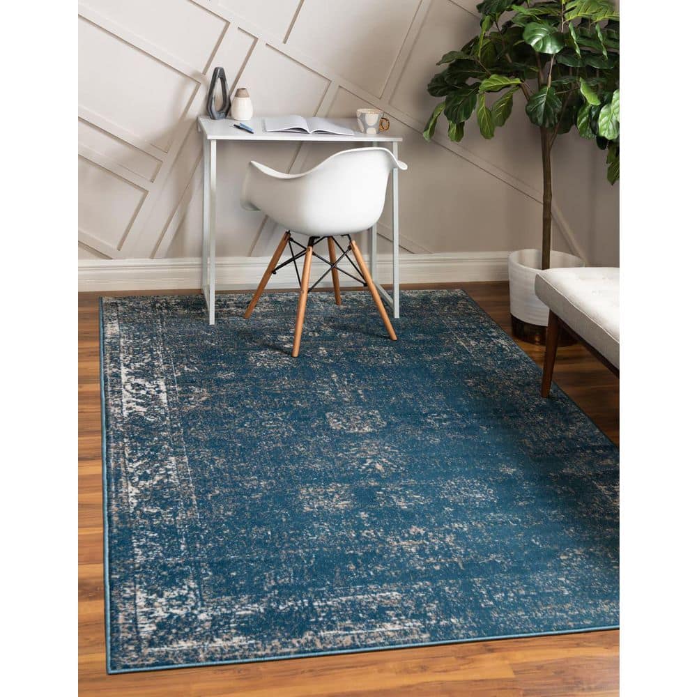 Blue Rectangular Easy Care Stain-Resistant Indoor Area Rug
