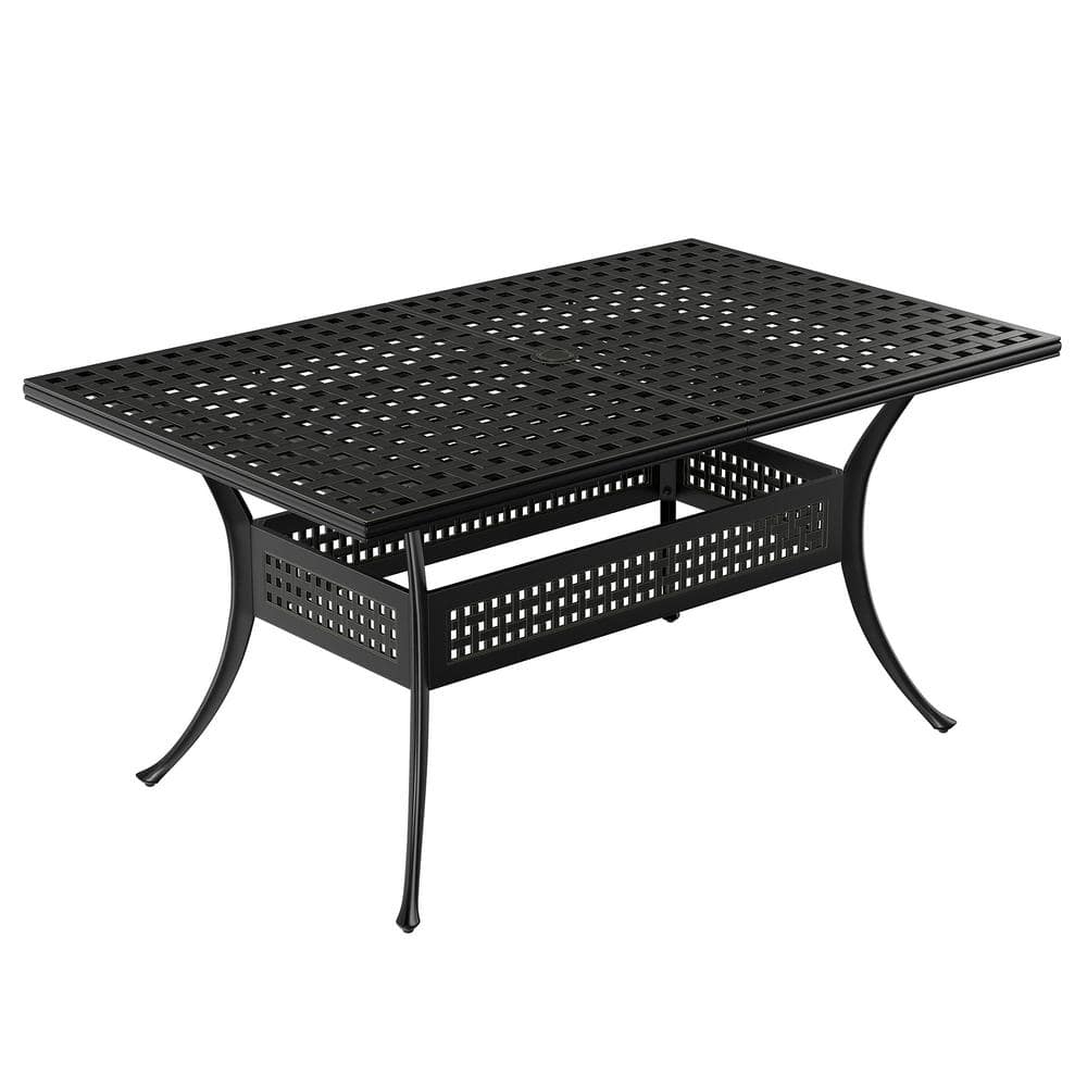Black Cast Aluminum Extendable Dining Table with Umbrella Hole