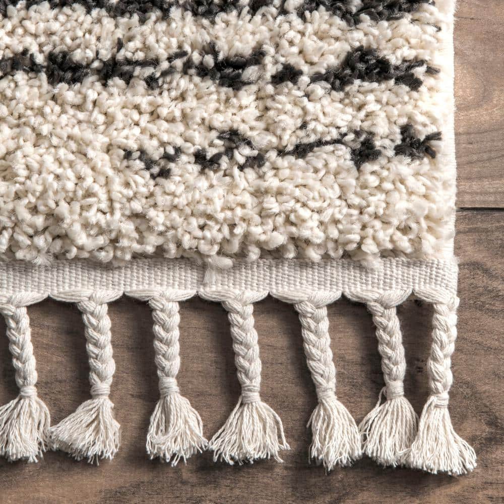 Off-White Synthetic Square Shag Rug with Braided Tassels