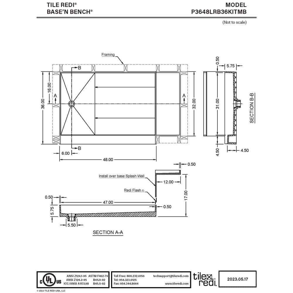 Matte Black 60" x 36" Shower Pan with Integrated Bench