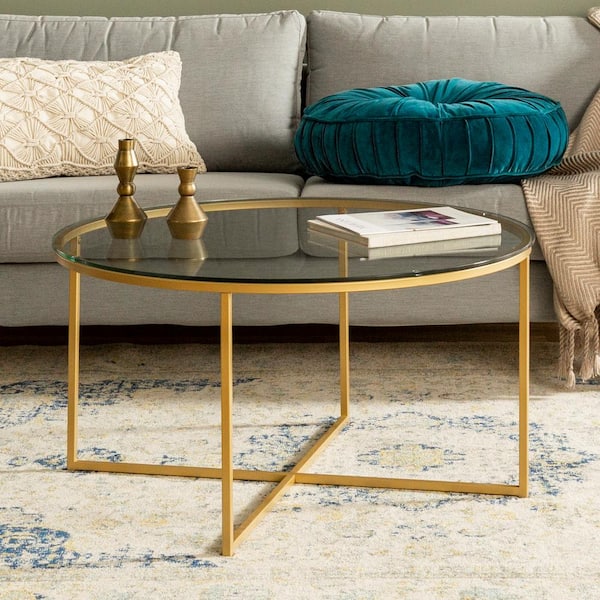 Walker Edison Furniture Company 36 in. Clear/Gold Medium Round Glass Coffee Table