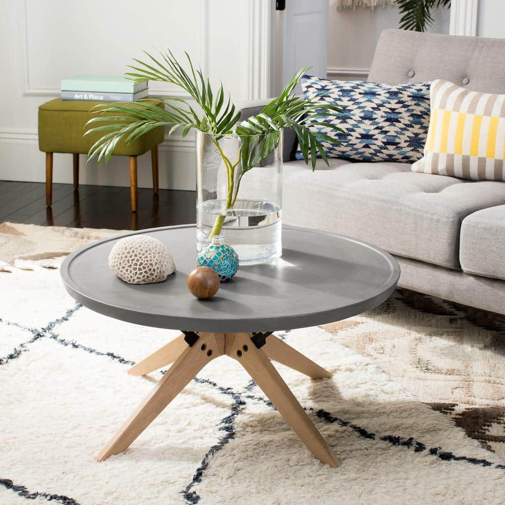 Transitional Oak Finish 30" Dark Grey Concrete Round Coffee Table