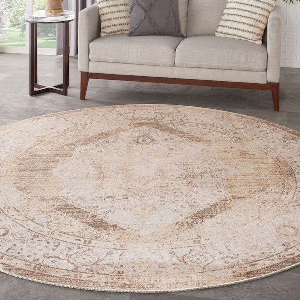 Astra Machine Washable Beige 8 ft. x 8 ft. Center medallion Traditional Round Area Rug