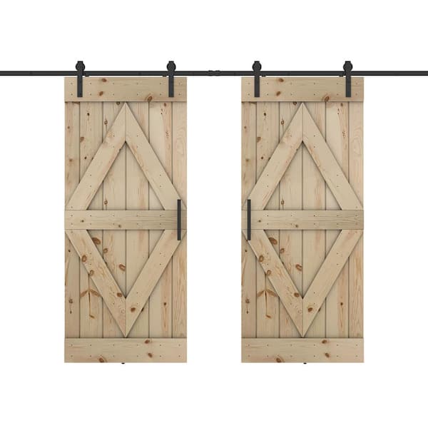 Dessliy Diamond Series 48 in. x 84 in. Fully Set Up Unfinished Pine Wood Sliding Barn Door with Hardware Kit