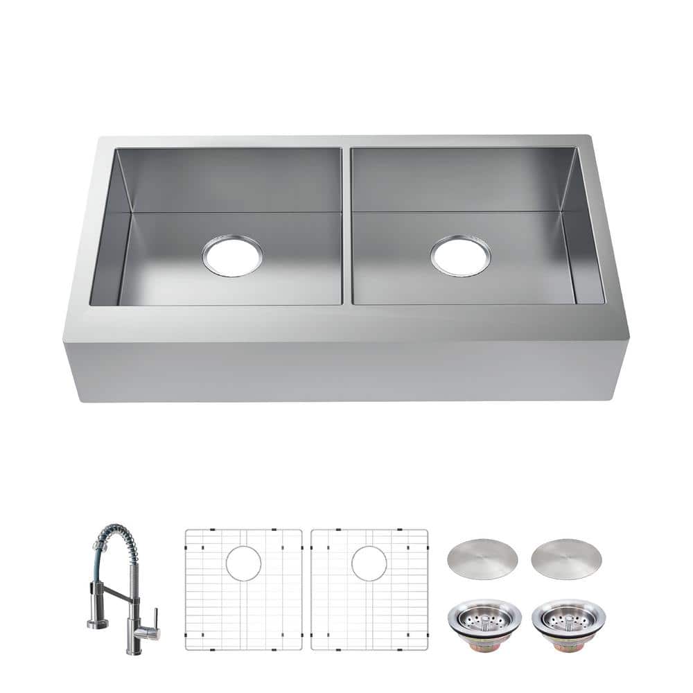 Glacier Bay All-in-One Zero Radius Farmhouse/Apron-Front 16G Stainless Steel 33 in. Double Bowl Kitchen Sink with Spring Neck Faucet, Silver