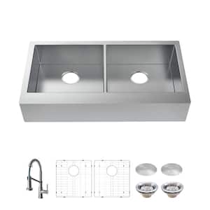 Professional 33 in. Farmhouse/Apron-Front Double Bowl 16 Gauge Stainless Steel Kitchen Sink with Spring Neck Faucet