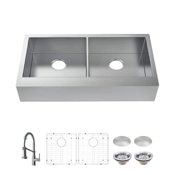 Glacier Bay Professional 33 in. Farmhouse/Apron-Front Double Bowl 16 Gauge Stainless Steel Kitchen Sink with Spring Neck Faucet