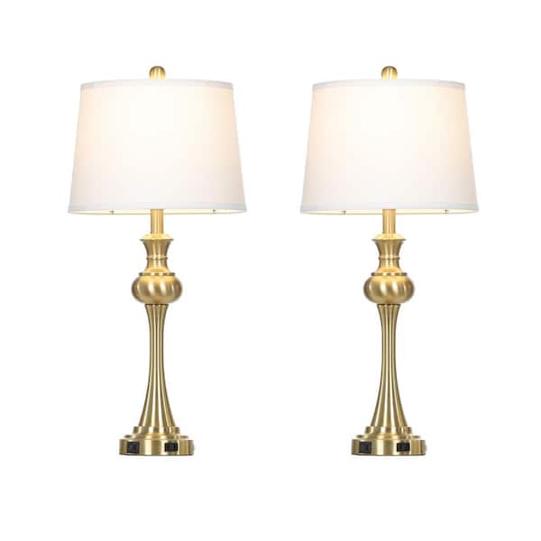 Bedside 28.75 in. Gold Brass Dimmable Table Lamps Set with USB and Type-C AC Outlet Touch Control LED Bulbs (Set of 2)