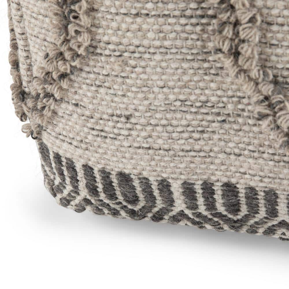 Sweeney Boho Handloom Woven Wool-Cotton Square Pouf in Grey Natural