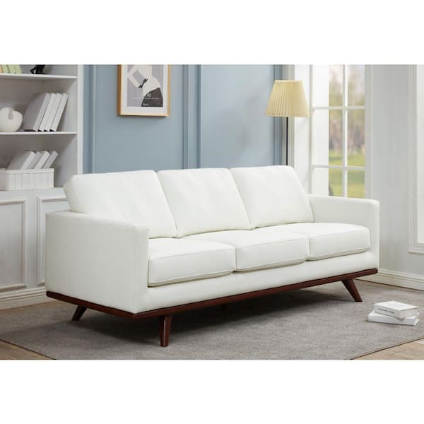 Chester 83.03 in. Square Arm Leather Rectangle 3-Seater with Removable Cushions Sofa with Birch Wood Frame in White