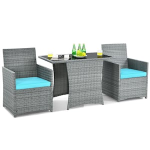 3-Pieces Patio Rattan Furniture Set with Cushioned Armrest Sofa-Turquoise