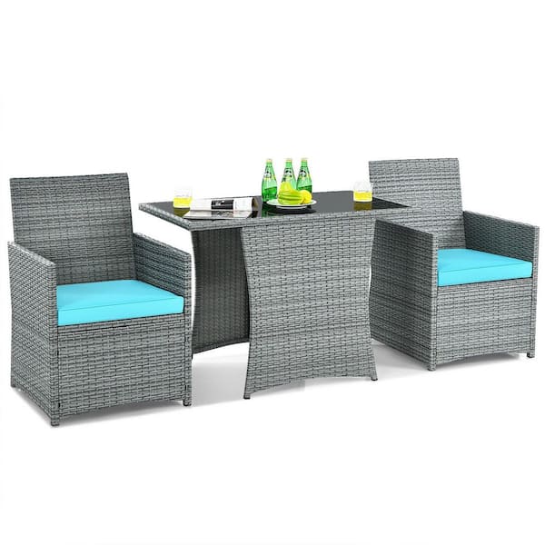 SUNRINX 3-Pieces Patio Rattan Furniture Set with Cushioned Armrest Sofa-Turquoise