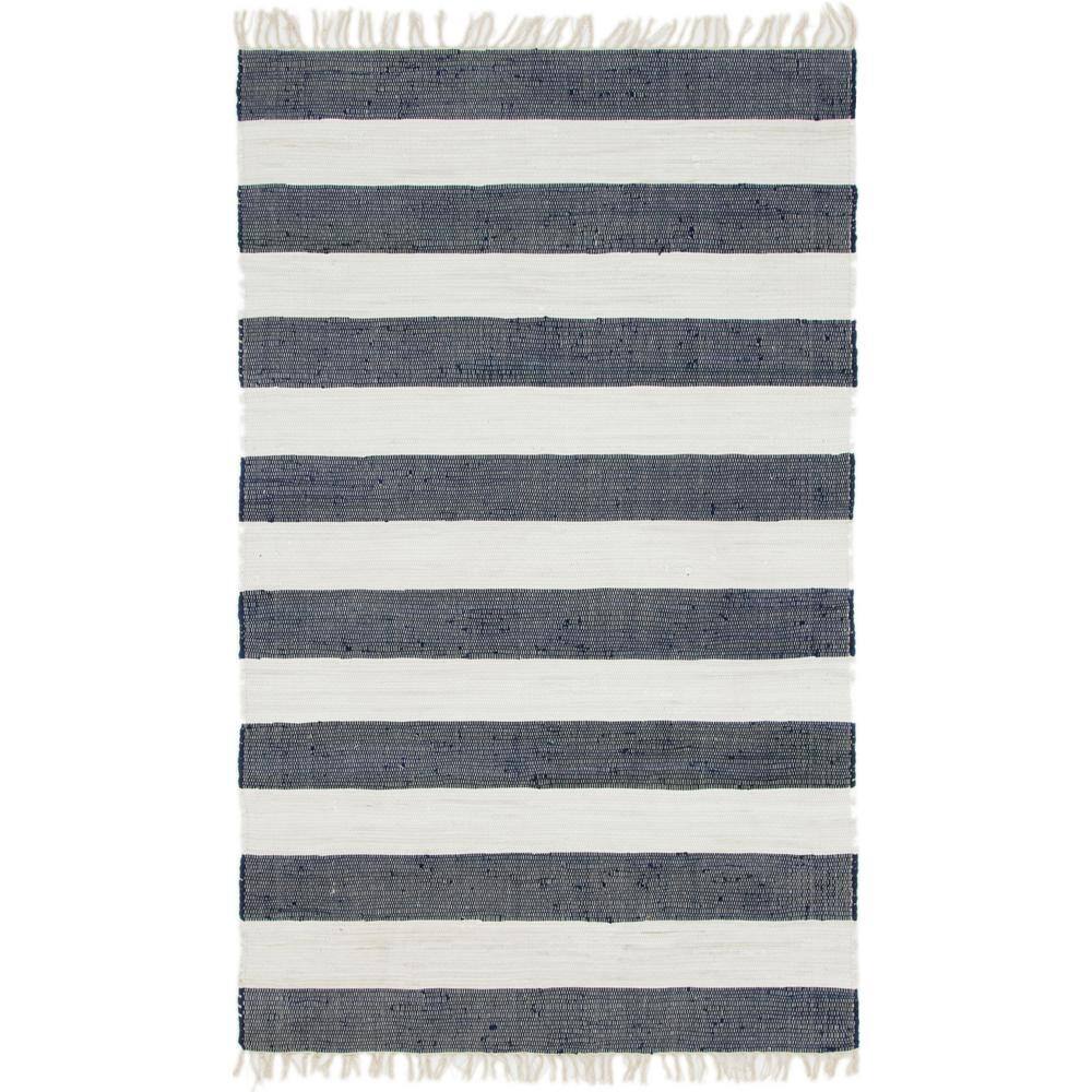Handmade Navy Blue Rectangular Braided Stripe Rug