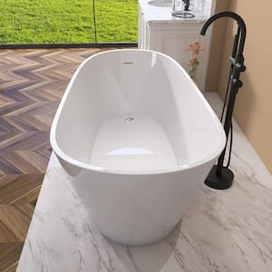 59 in. Acrylic Flatbottom Freestanding Bathtub in Gloss White with Integrated Slotted Overflow and Chrome Pop-up Drain
