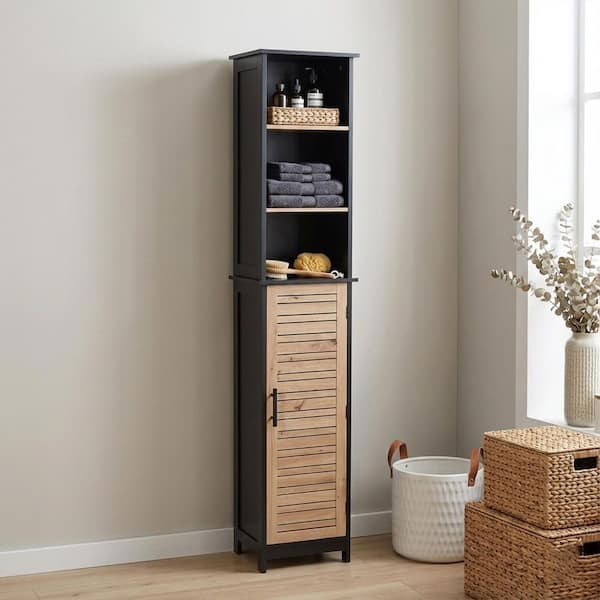 Bergen 13.14 in. W x 10.4 in. D x 68 in. H Black-Brown MDF Linen Cabinet Free Standing 6 Shelves 1 Door