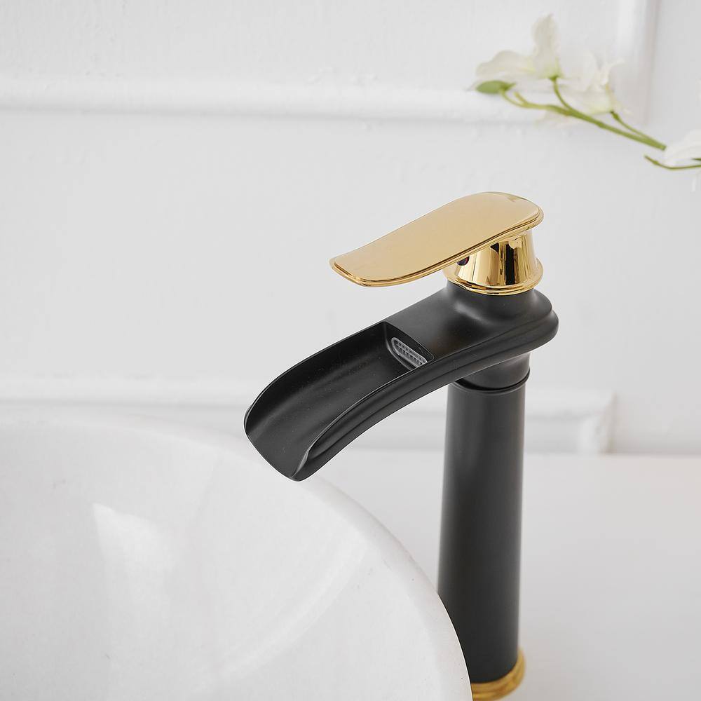 Gold and Black Waterfall Single Handle Bathroom Vessel Faucet