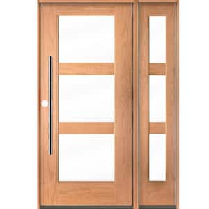 Modern Faux Pivot 50 in. x 80 in. 3-Lite Right-Hand/Inswing Clear Glass Teak Stain Fiberglas Prehung Front Door with RSL