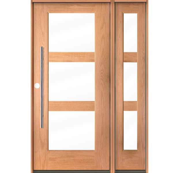 Krosswood Doors Modern Faux Pivot 50 in. x 80 in. 3-Lite Right-Hand/Inswing Clear Glass Teak Stain Fiberglas Prehung Front Door with RSL