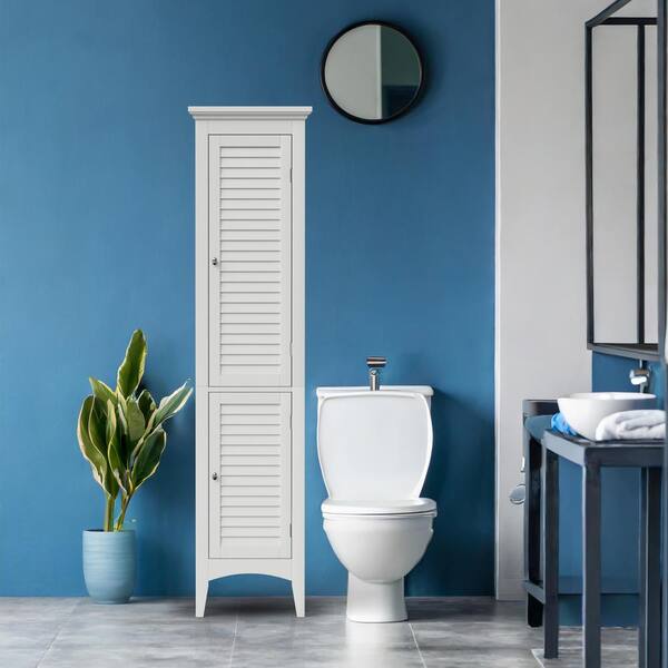 Simon 15 in. W x 63 in. H x 13-1/4 in. D Bathroom Linen Storage Floor Cabinet with 2-Shutter Doors in White Simon 15 in. W x 63 in. H x 13-1/4 in. D Bathroom Linen Storage Floor Cabinet with 2-Shutter Doors in White