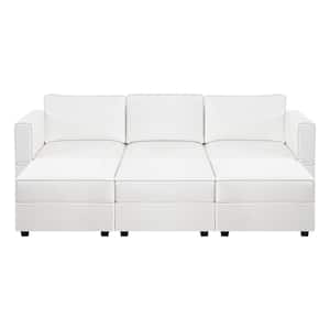87.01 in. W Linen Sofa with Triple Ottoman Streamlined Comfort for Your Sectional Sofa in White